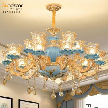 Đèn chùm cổ điển 15 tay khung hợp kim Alumiun mạ titan vàng 24k – DC-008