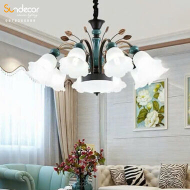 Đèn chùm decor hợp kim sơn tĩnh điện chao thủy tinh – 689/10